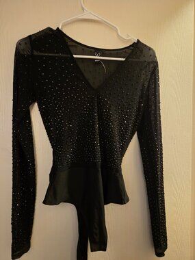 Black mesh bodysuit with black rhinestones
